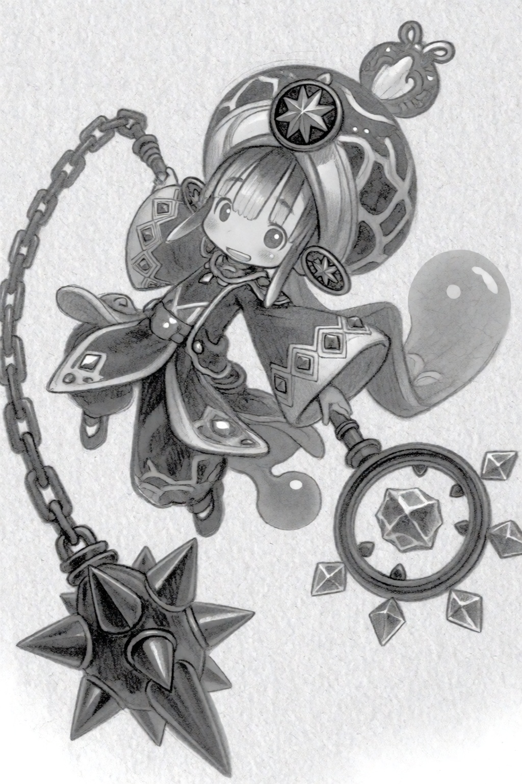 tsukushistyle,  a full shot of a small,  fantastical child character in a dynamic mid-air pose. The composition features h...
