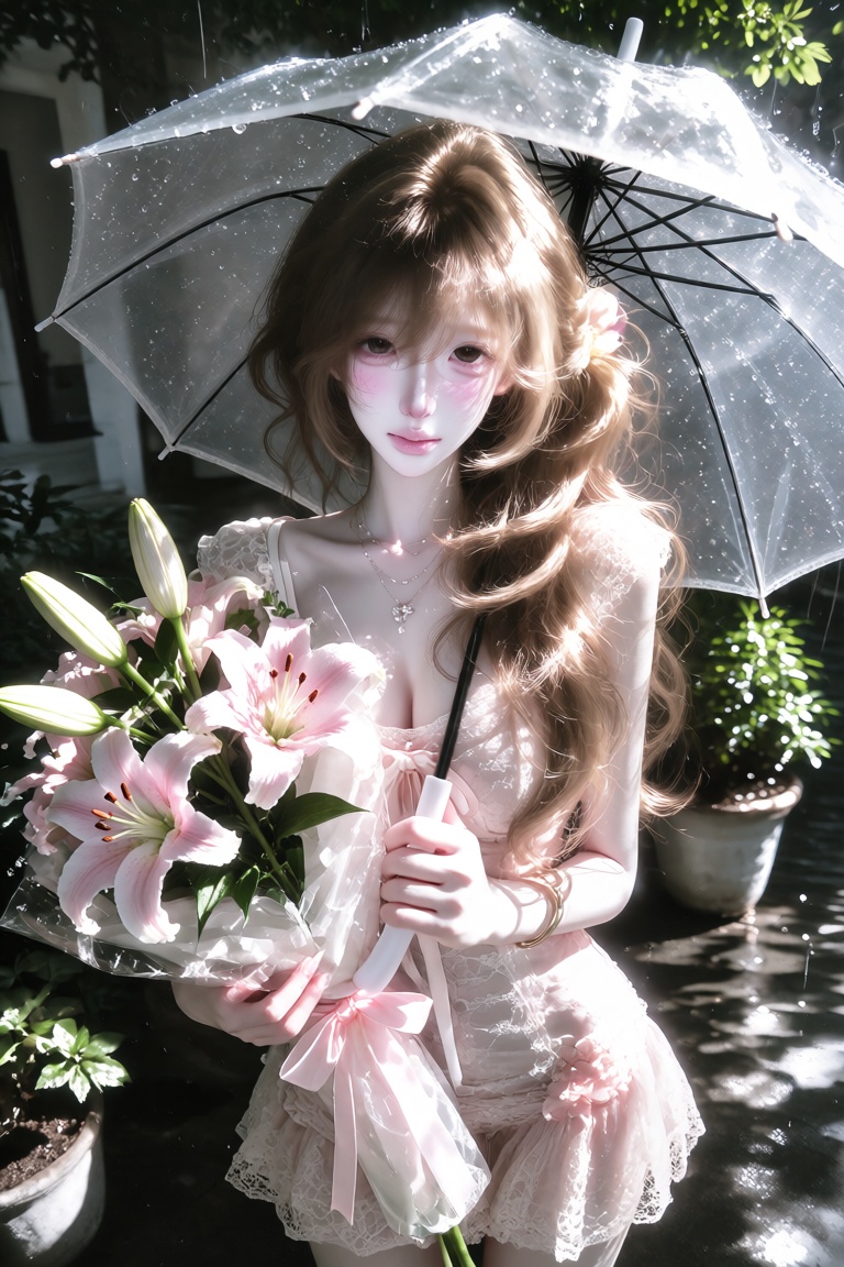 1woman,  solo,  standing outdoors on a rainy day on Tensor.Art
