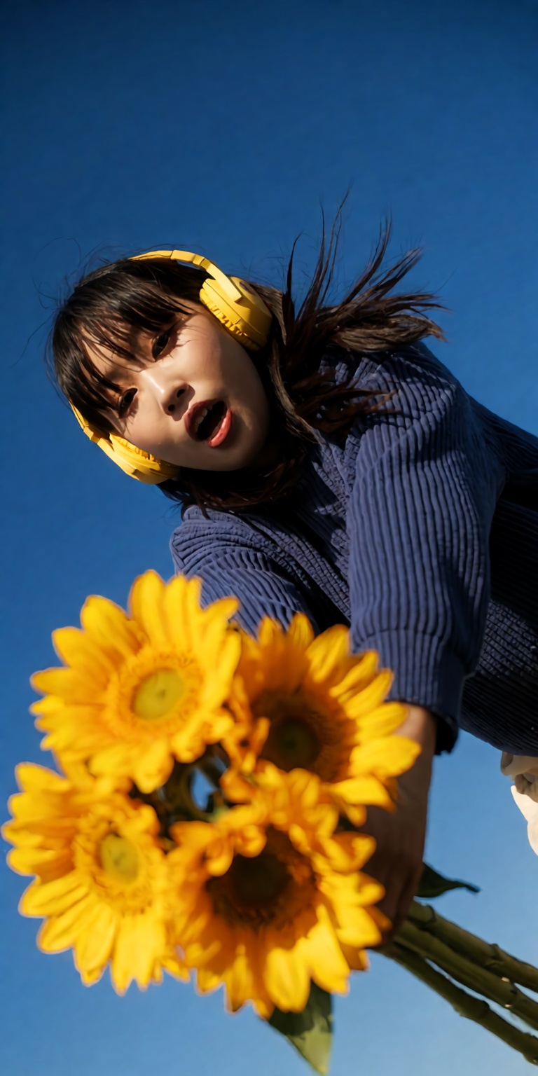 A vintage 90s framed analog photo taken from a steep high Dutch-angle tilt,  looking down diagonally at a young woman in a...