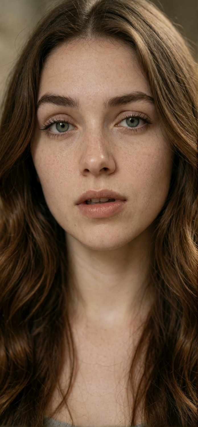 raw photo,  highly detailed,  photorealistic close-up portrait of a young woman with long wavy chestnut-brown hair on Tens...