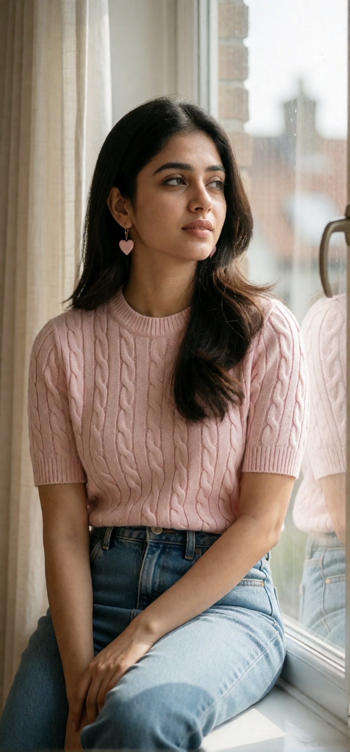 *Sweet girl Prompt* 💖🫶🏻 Ultra-realistic portrait of a young South Asian woman sitting beside a large floor-to-ceiling w...