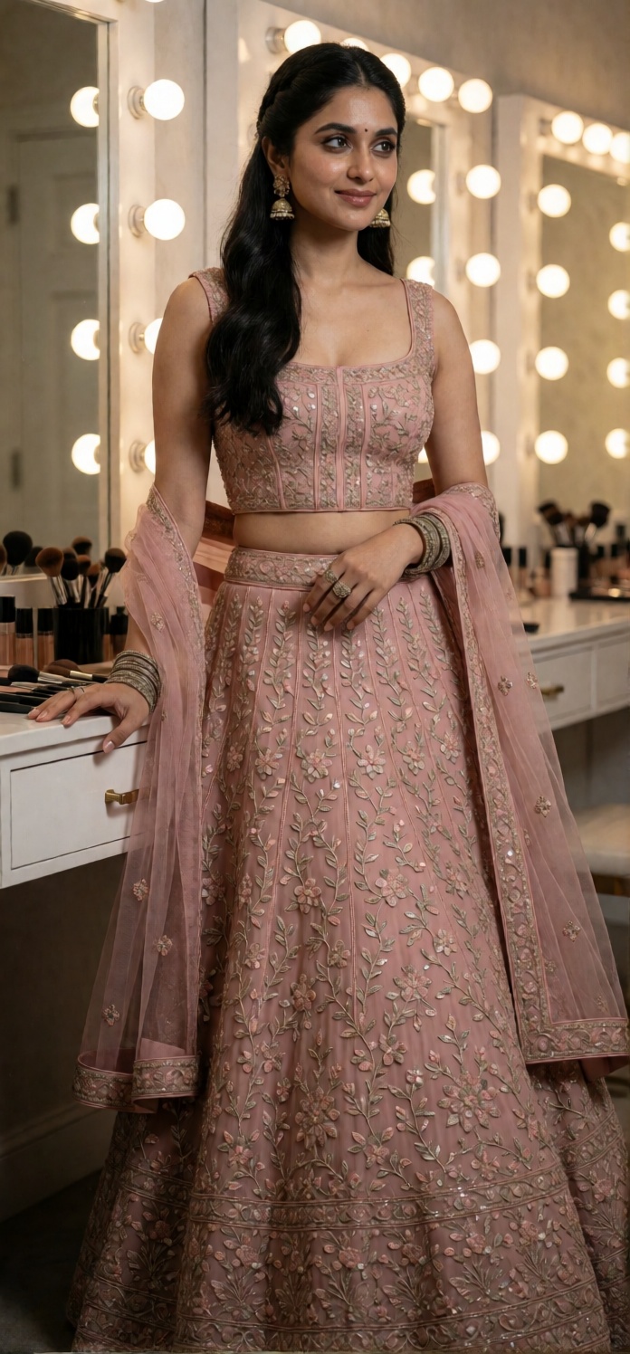 Indian woman standing elegantly in a luxurious makeup vanity room. Use the uploaded image as the ONLY facial identity refe...