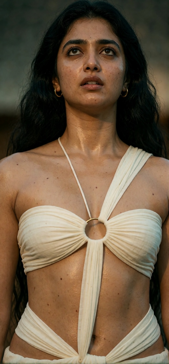 raw photo,  highly detailed,  photorealistic close-up portrait of a young Indian woman with medium warm brown skin showing...