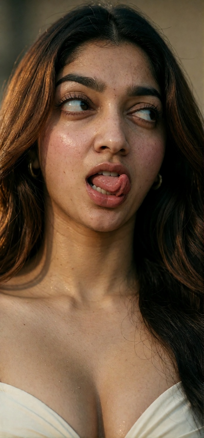 raw photo,  highly detailed,  photorealistic close-up portrait of a young woman with long wavy chestnut-brown hair on Tens...