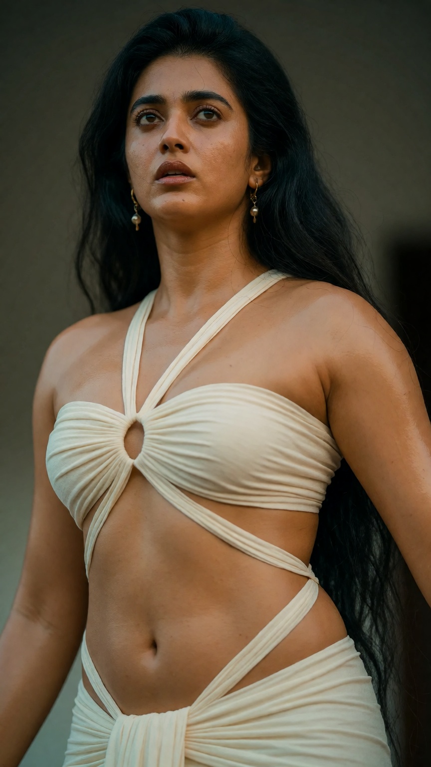 raw photo,  highly detailed,  photorealistic portrait of a young Indian woman with medium warm brown skin showing fine por...