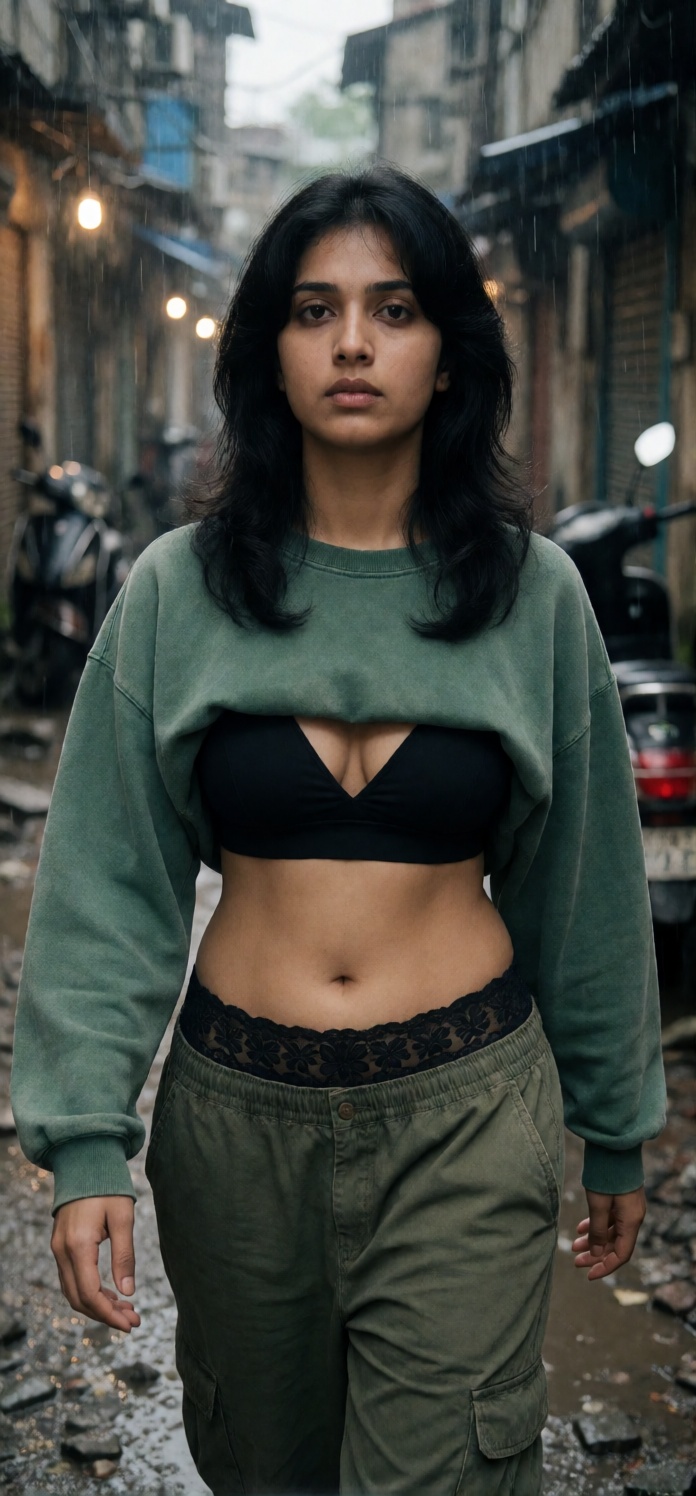 CHARACTER CONSISTENCY — Young South Indian woman with pale olive skin,  realistic pores,  subtle under-eye detail on Tenso...