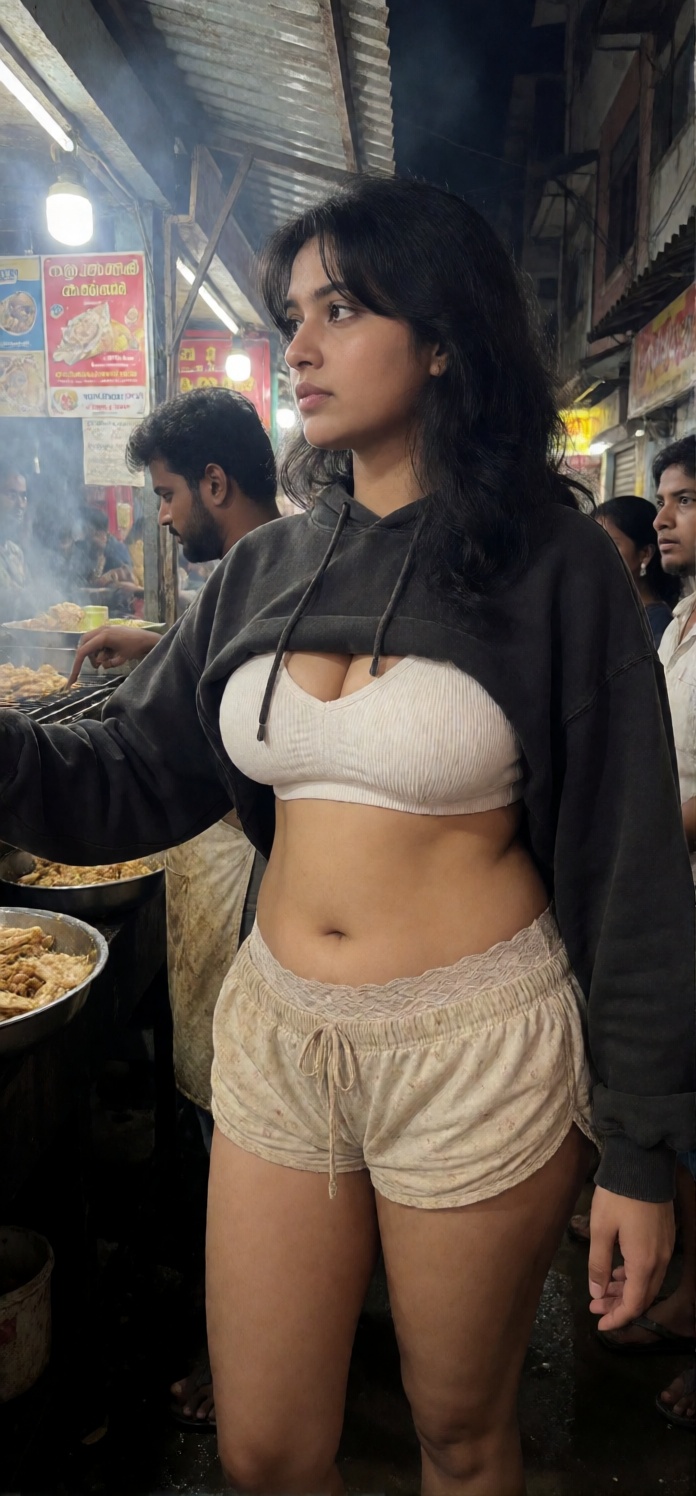 CHARACTER CONSISTENCY — Young South Indian woman with pale olive skin,  realistic body texture,  soft belly curves on Tens...
