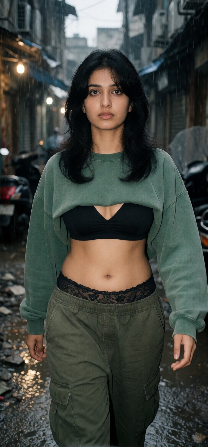 CHARACTER CONSISTENCY — Young South Indian woman with pale olive skin,  realistic pores,  subtle under-eye detail on Tenso...