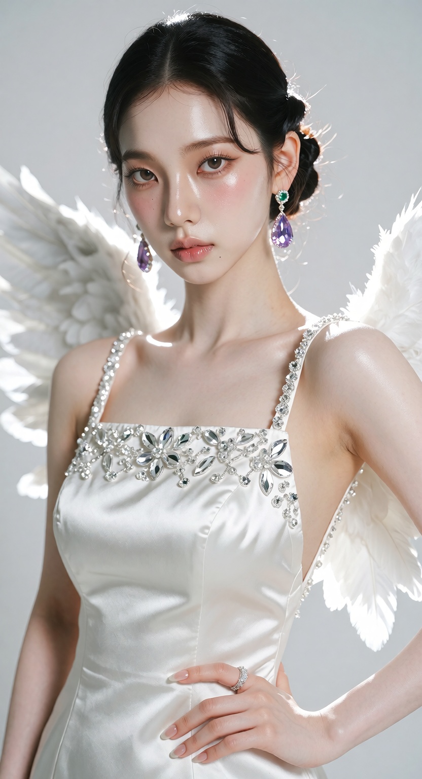 A photorealistic high-fashion studio portrait of a beautiful young East Asian woman with a Korean idol look. She has flawl...