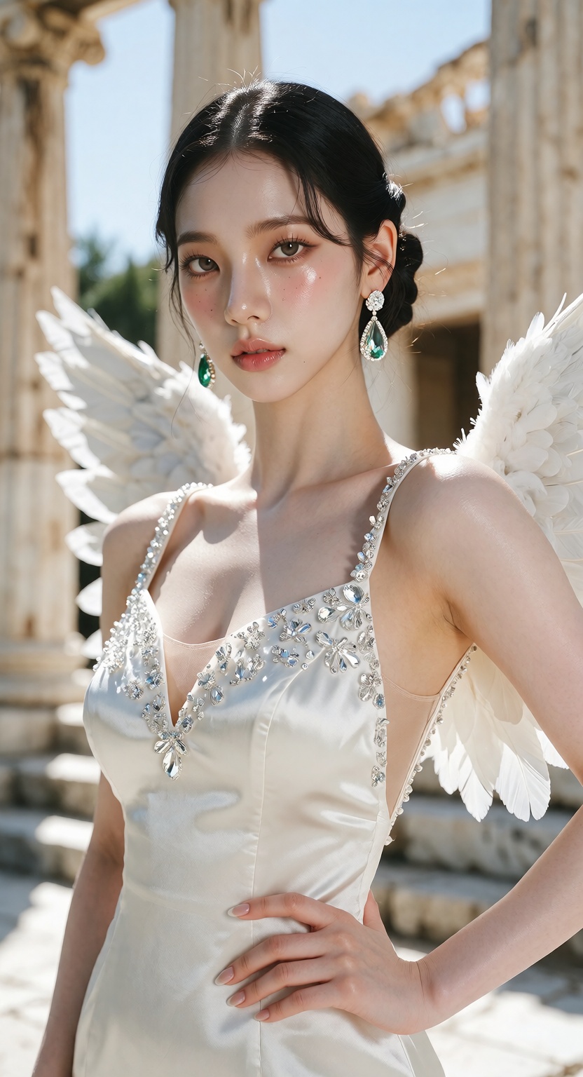 A photorealistic high-fashion portrait of a beautiful young East Asian woman with a Korean idol look,  standing in an anci...