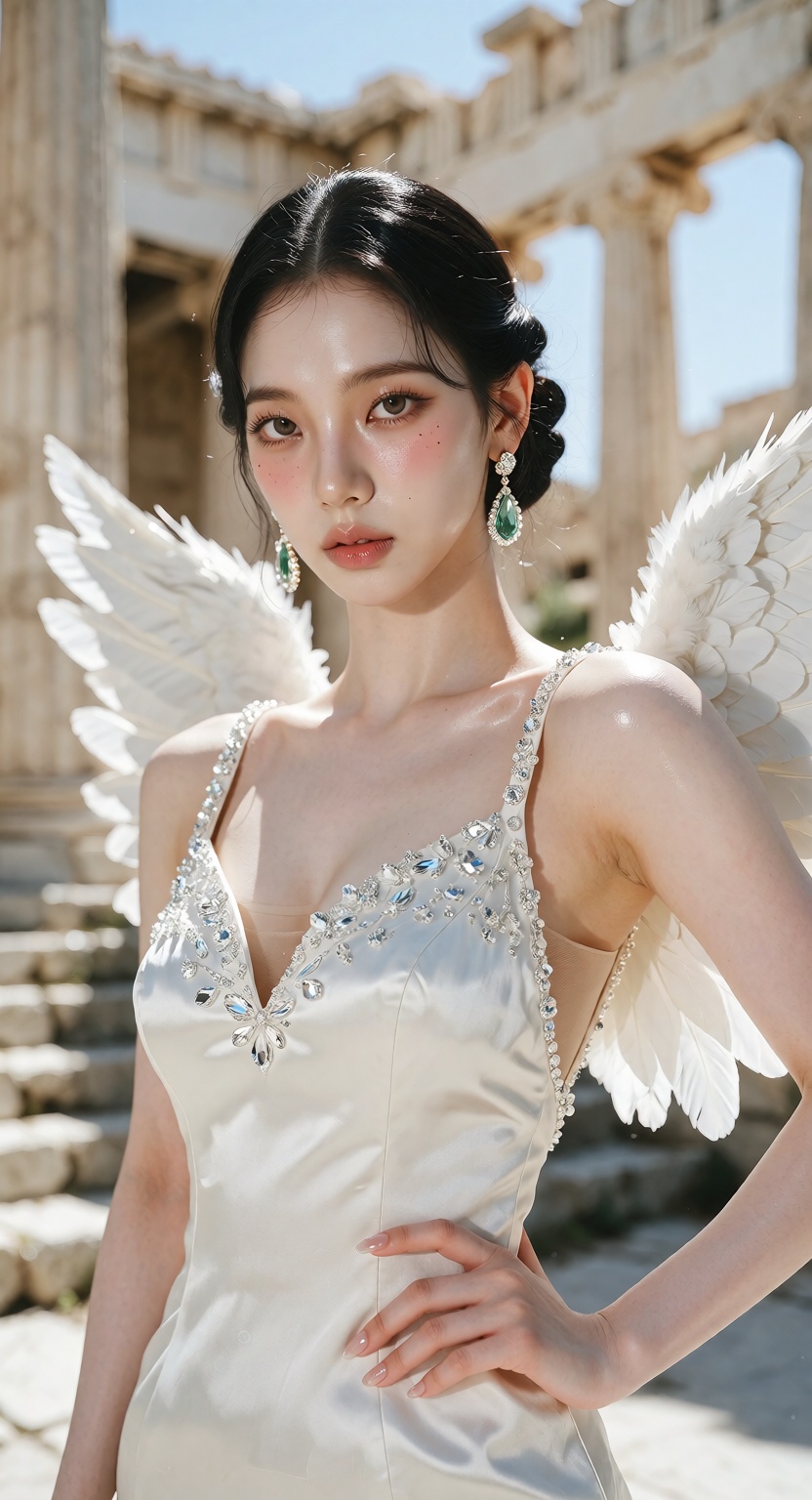 A photorealistic high-fashion portrait of a beautiful young East Asian woman with a Korean idol look,  standing in an anci...