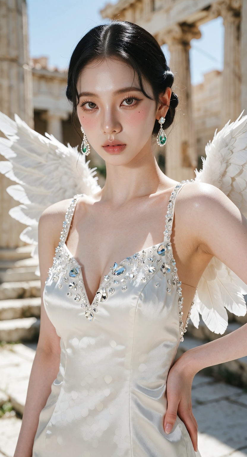 A photorealistic high-fashion portrait of a beautiful young East Asian woman with a Korean idol look,  standing in an anci...
