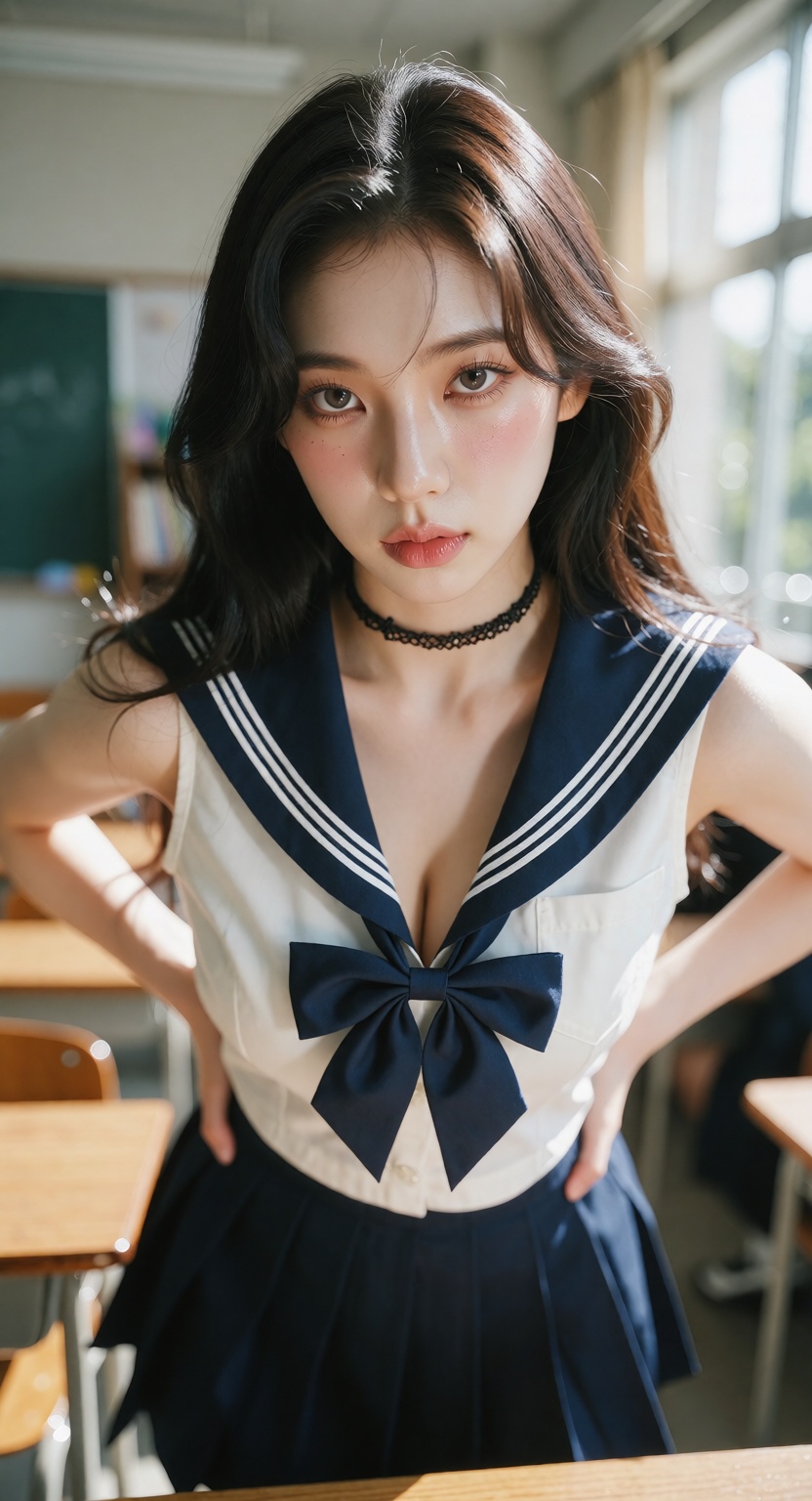 A photorealistic cinematic close shot of one ***** East Asian woman standing in a bright modern classroom,  looking at the...