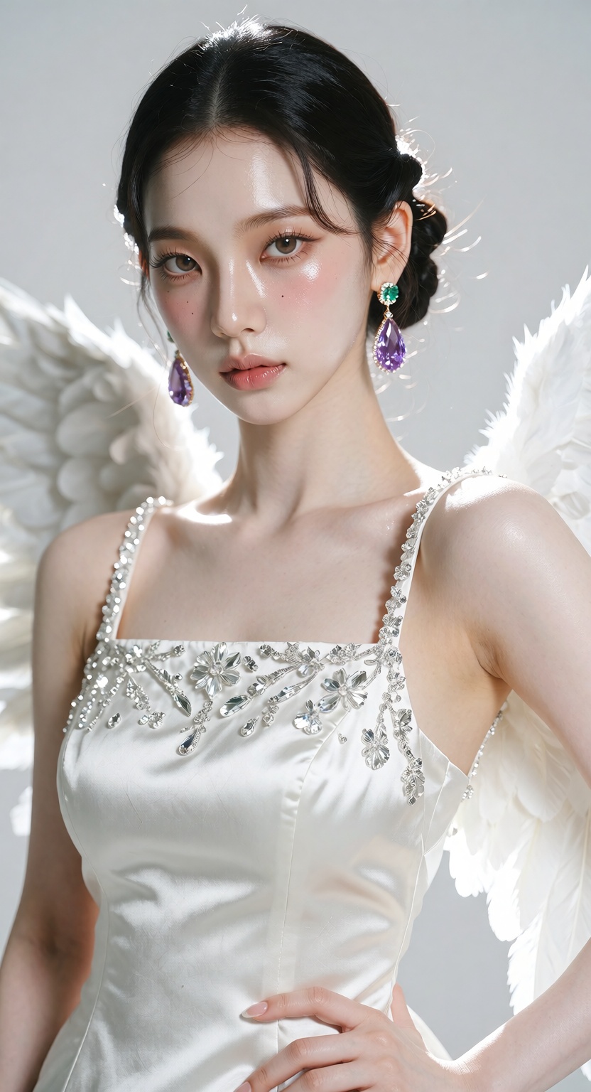 A photorealistic high-fashion studio portrait of a beautiful young East Asian woman with a Korean idol look. She has flawl...
