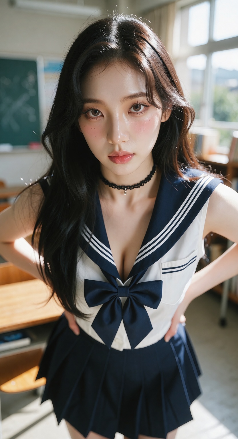 A photorealistic cinematic close shot of one ***** East Asian woman standing in a bright modern classroom,  looking at the...