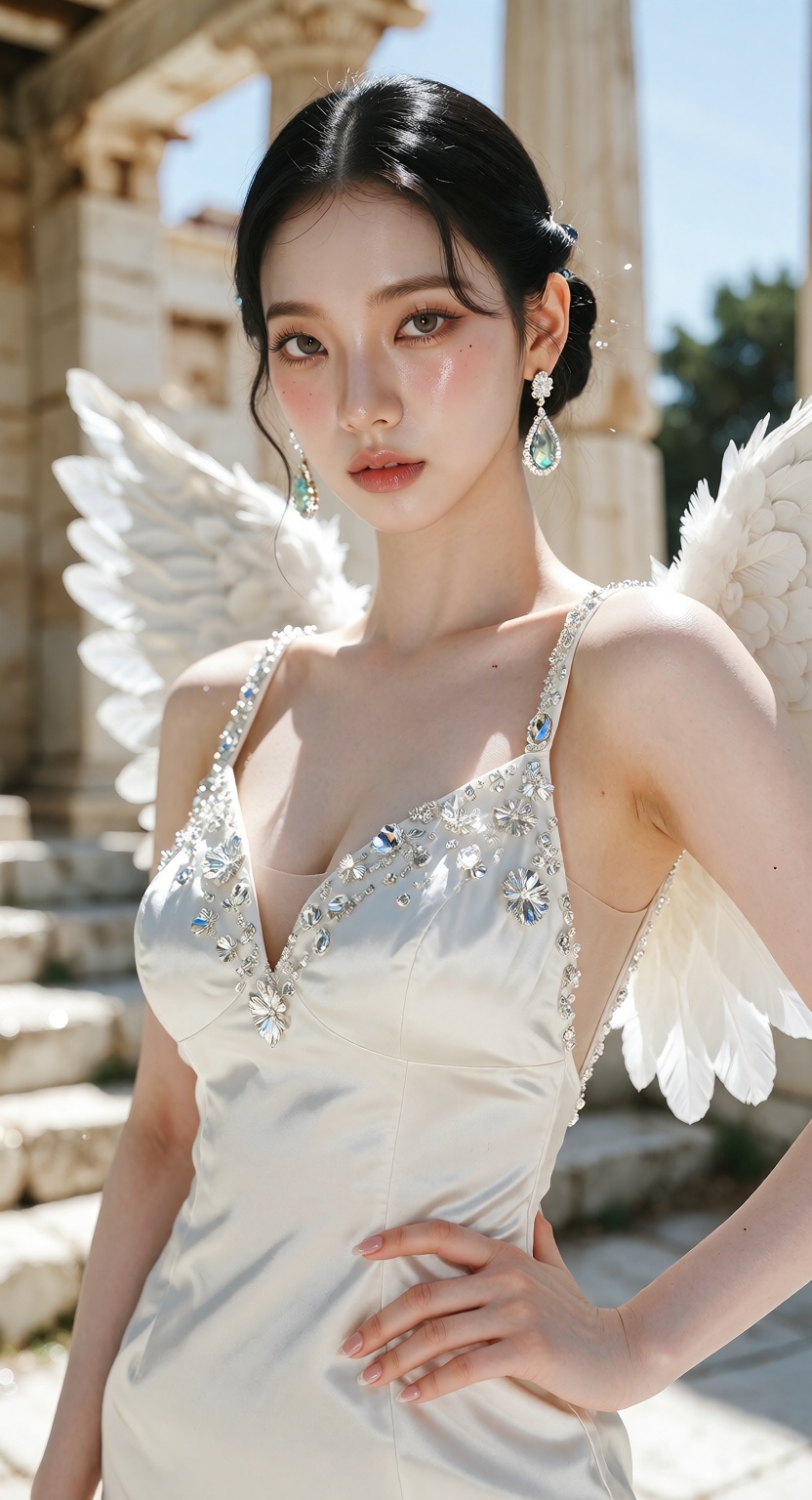 A photorealistic high-fashion portrait of a beautiful young East Asian woman with a Korean idol look,  standing in an anci...