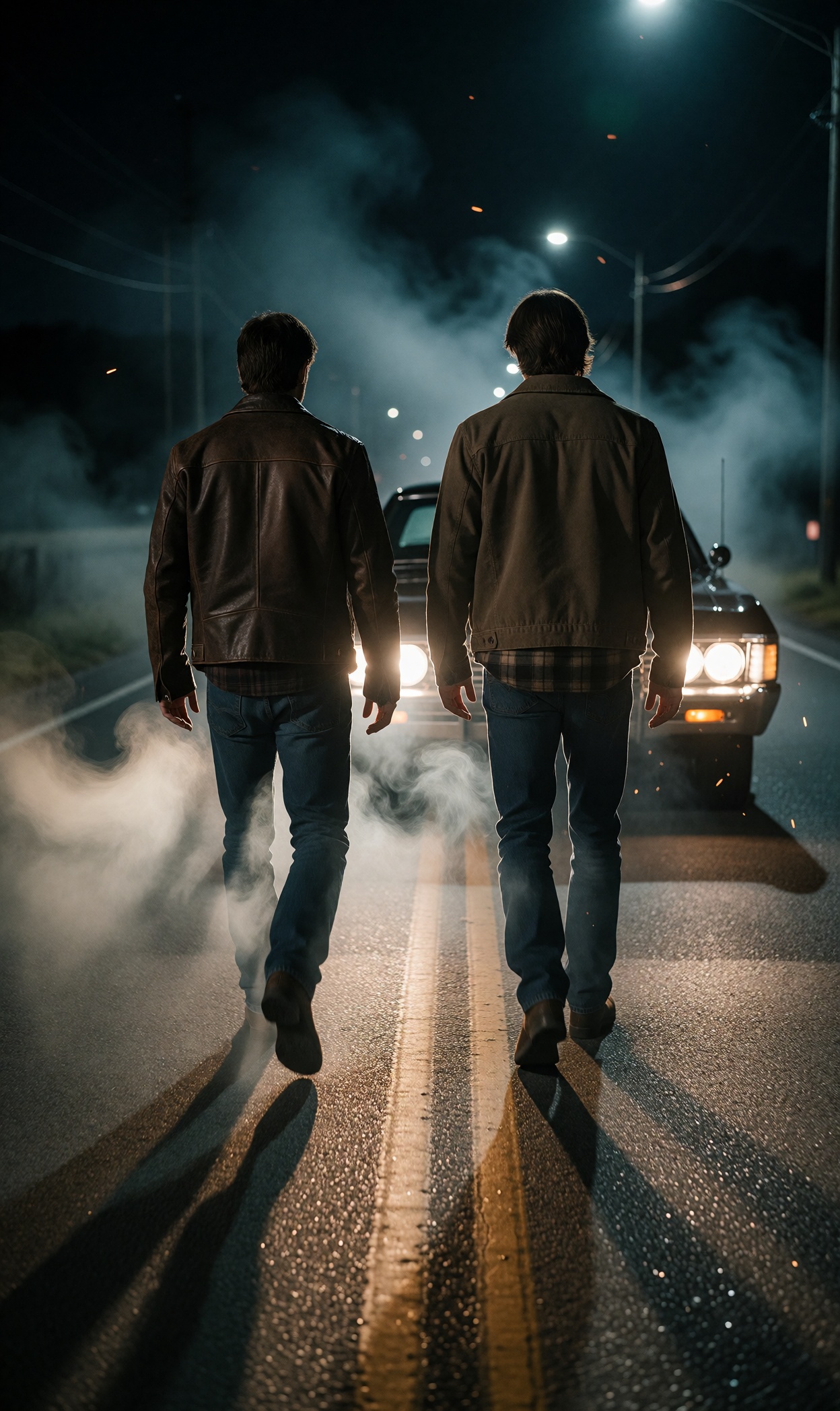Ultra realistic cinematic film still of Dean and Sam Winchester seen from behind walking away down a lonely dark highway a...