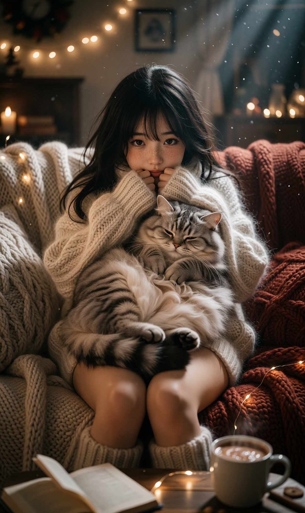 Cinematic photorealistic film still of a cute young woman with freckles and long black hair sitting curled up on a cozy so...