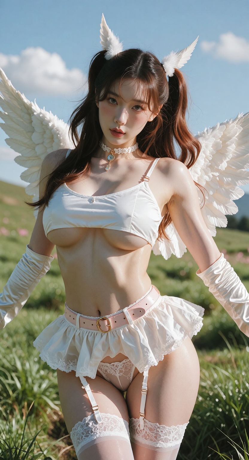 Photorealistic fashion editorial photograph of a young Korean woman with a K-pop idol face standing in an open green grass...