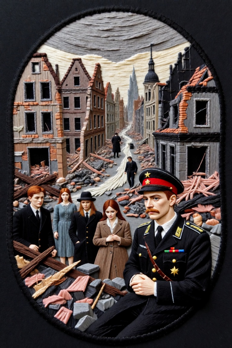 Create an embroidery artwork that captures the poignant and somber essence of World War II. The piece should feature intri...