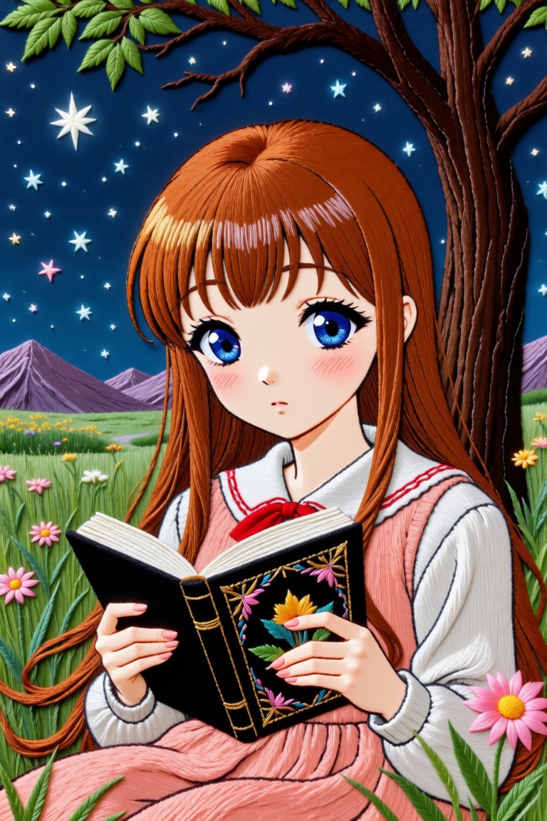 Close-up of a long-haired little girl in vintage anime style,  reading a book under a starry sky in a grassland below a tr...