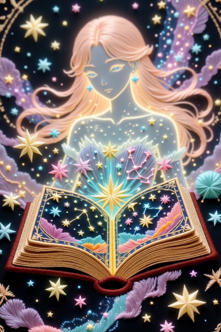 Embroidery style a close-up eye-level shot captures a detailed. A dreamy celestial fantasy scene: an open ancient astrolog...