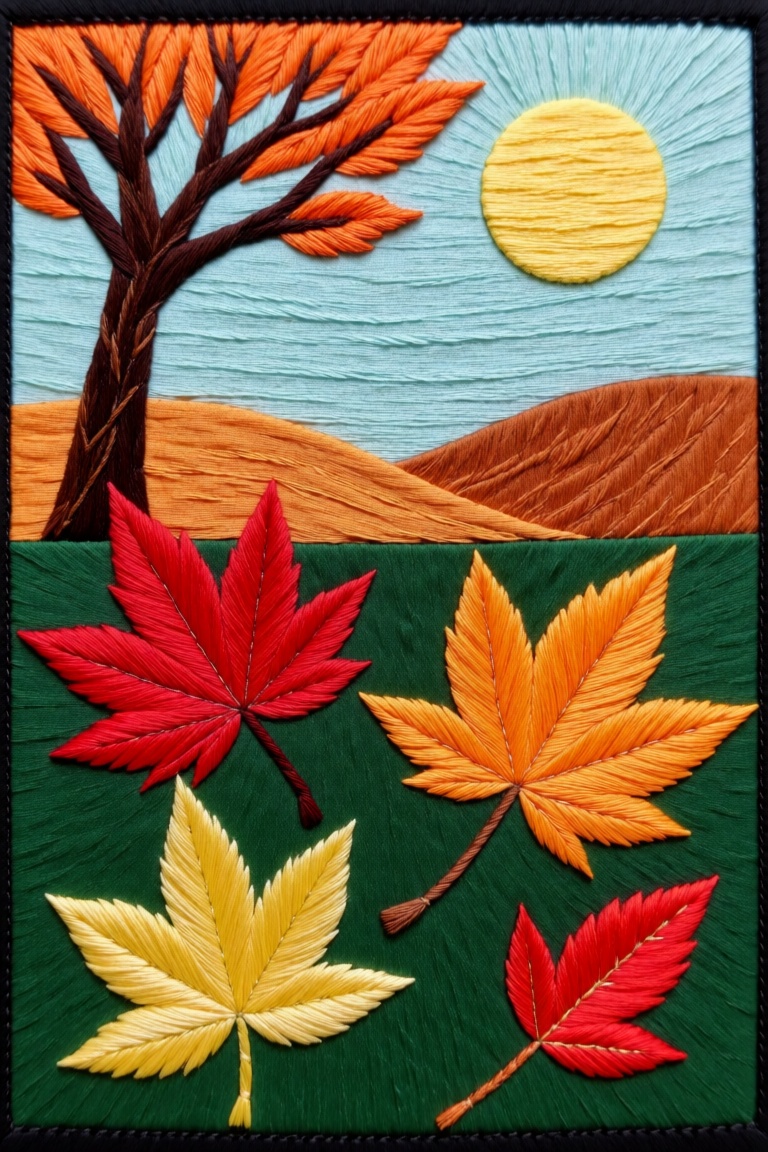 flat colors,  geometric shapes,  an embroidered quilting scene of autumn leaves on Tensor.Art