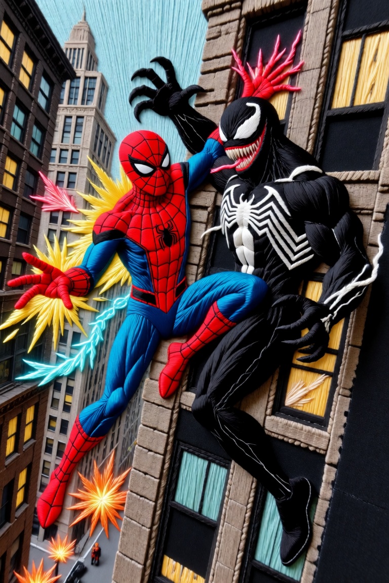 Create an embroidery artwork featuring Spider-Man and Venom battling on a city building. The scene should be dynamic with...