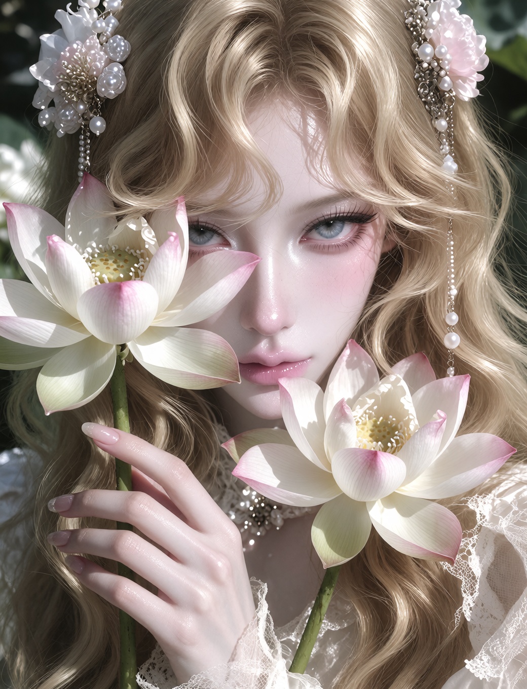 close-up portrait of a young woman surrounded by soft pale pink and white lotus flowers,  face partially hidden behind a l...