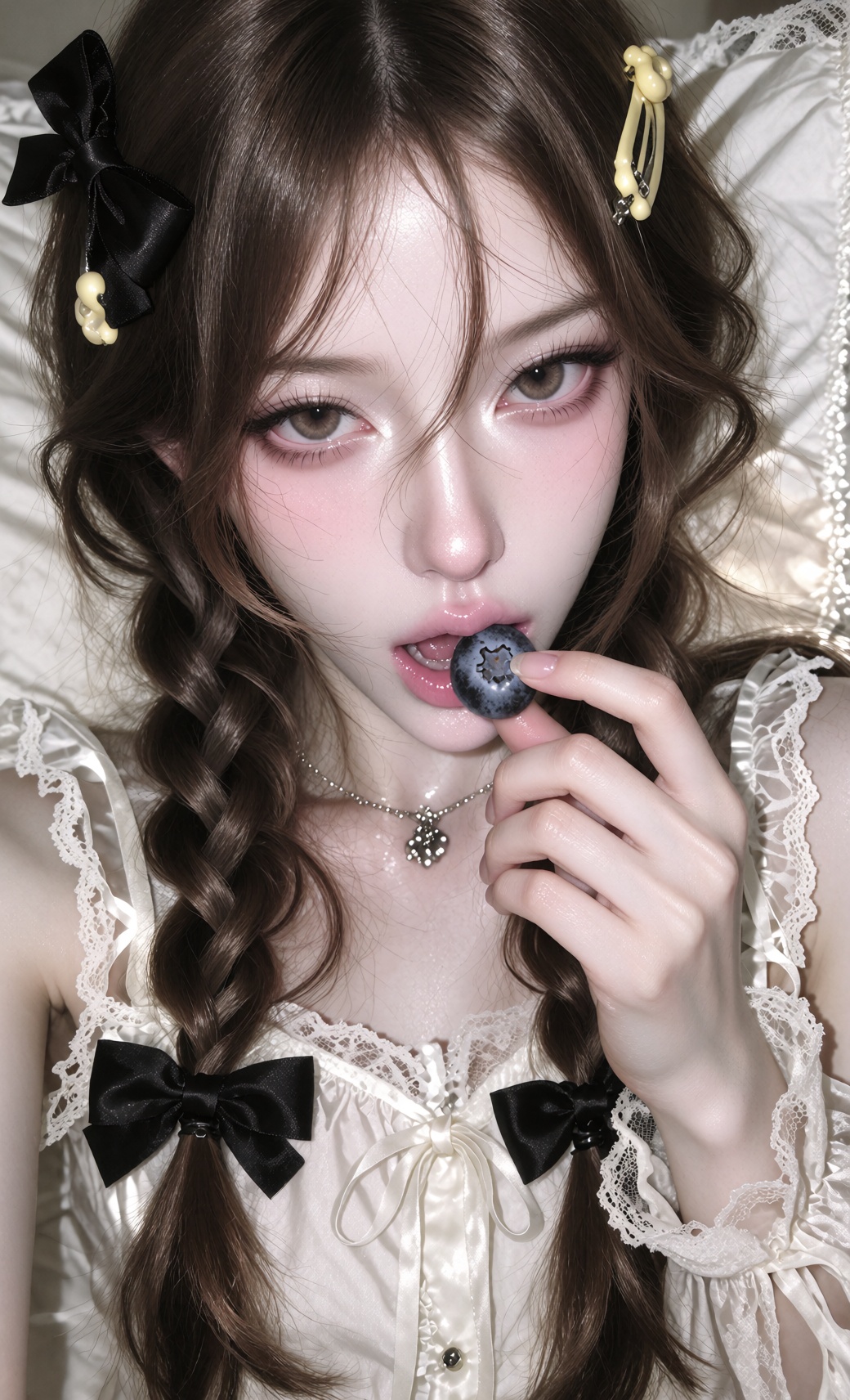 close-up selfie portrait of a young woman lying sideways on a bed,  camera held very close above her face,  dramatic wide-...