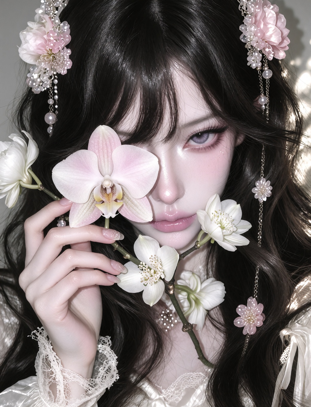 close-up portrait of a young woman surrounded by soft white and pale pink flowers,  face partially hidden behind a large d...