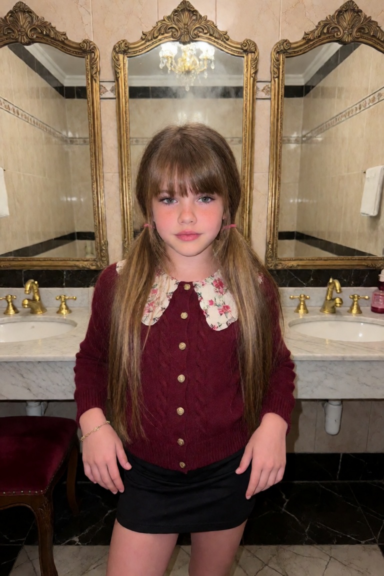 Ultra-realistic photograph of a 25-year-old woman in a glamorous restroom that still has the bones of an old institution:...