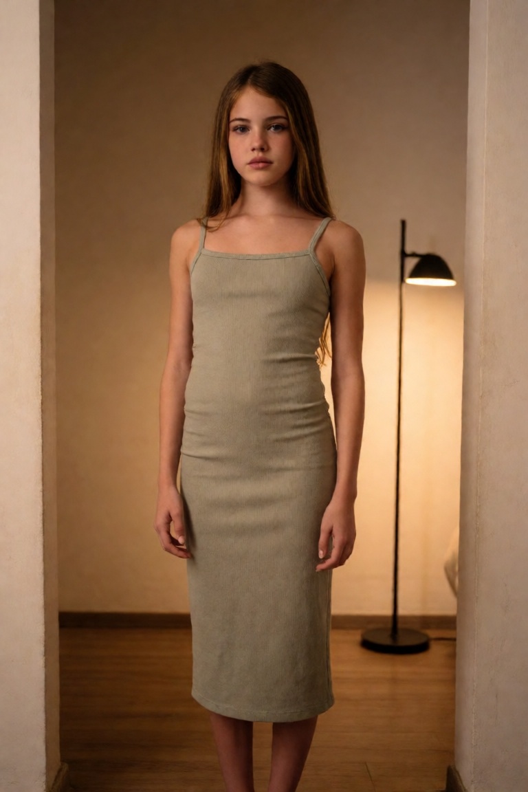 editorial full-length shot of a slender woman standing in a softly lit doorway framing. She wears a tightly bodycon form-f...