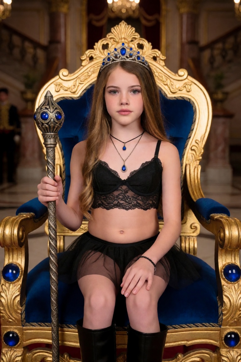 This is a medium shot of a young girl seated on an ornate throne chair positioned centrally within a grand,  opulent inter...