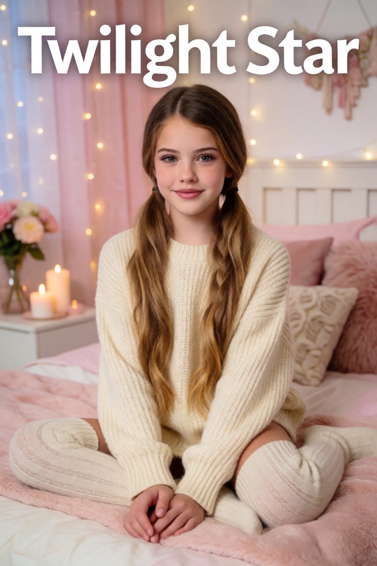 A photorealistic glossy magazine cover featuring a girl sitting on a pastel-colored bed in a dreamy bedroom,  smiling soft...