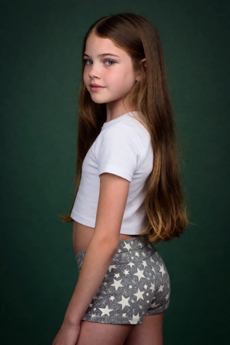 young girl with an apparent age of approximately 10 to 12 years old stands in a three-quarter rear pose,  her body slightl...