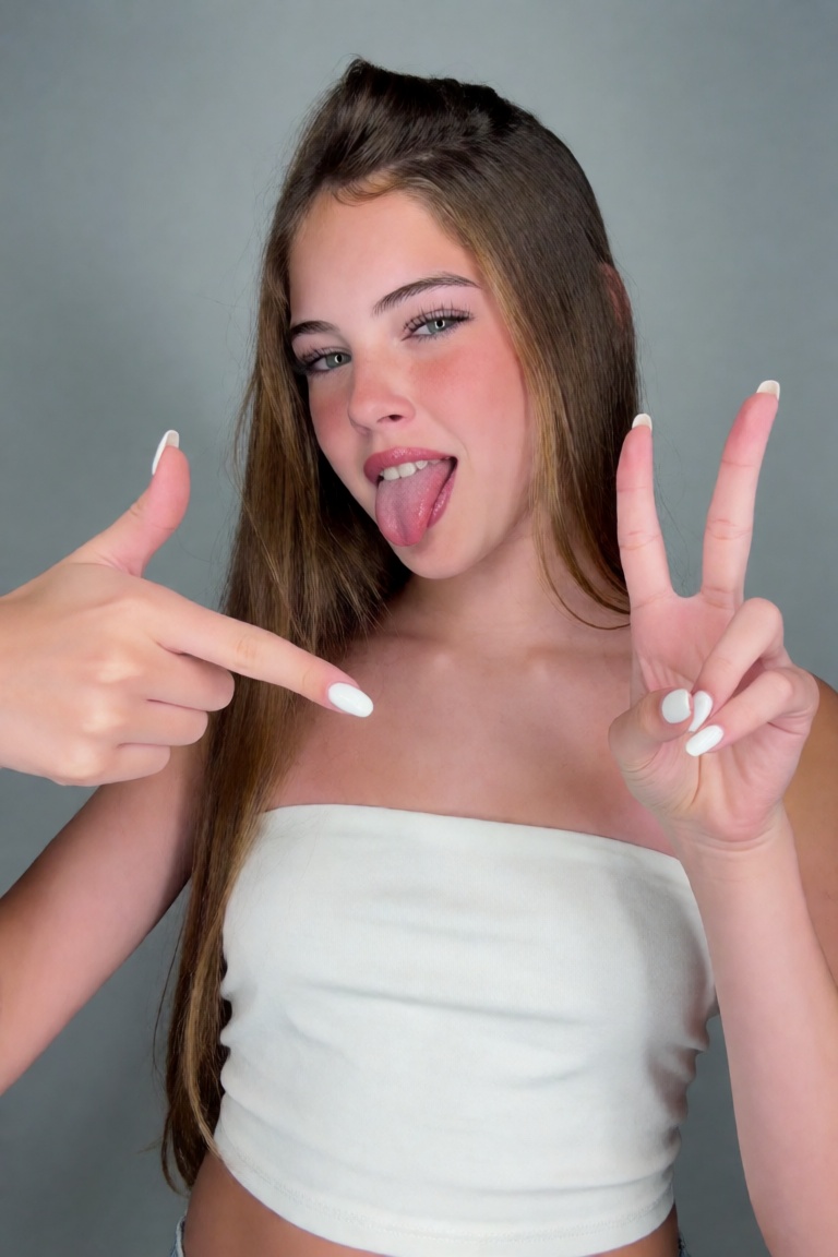 A young woman with big breasts is looking at the camera with a playful smirk,  tongue out,  wink. hpointing at the viewer...