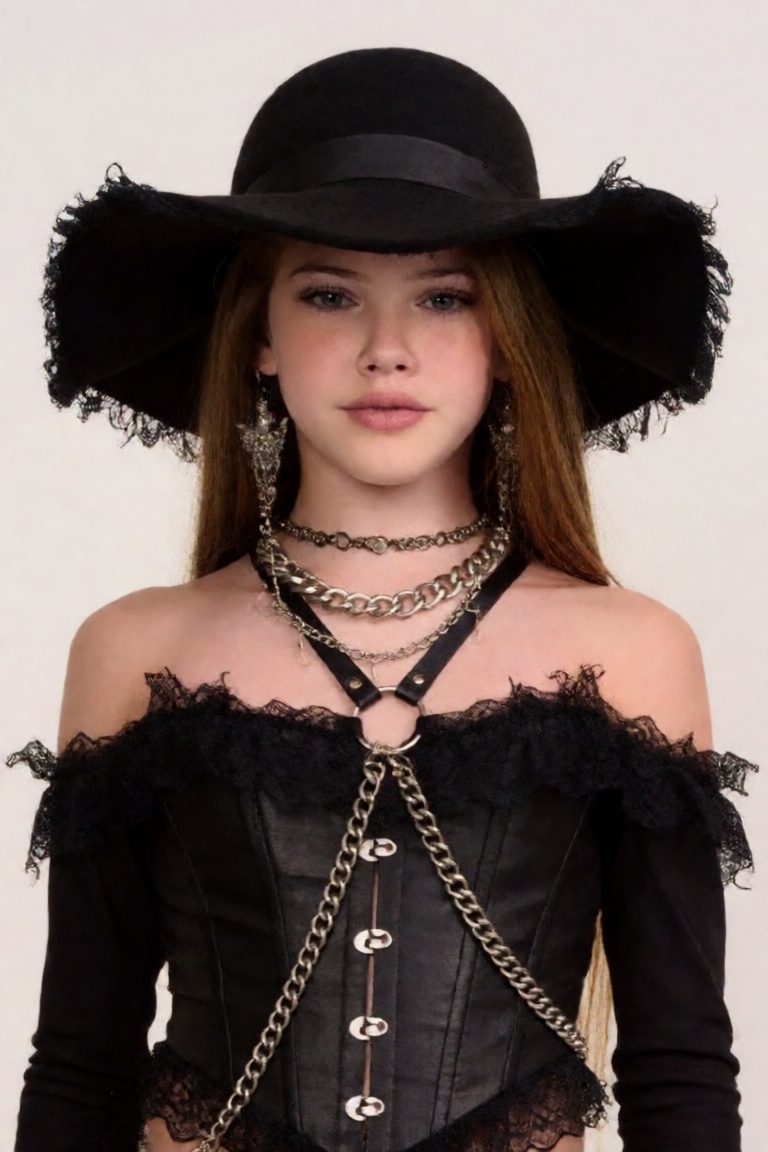 masterpiece,  very aesthetic,  The image features a girl dressed in a striking dark gothic fashion style. Here is a breakd...