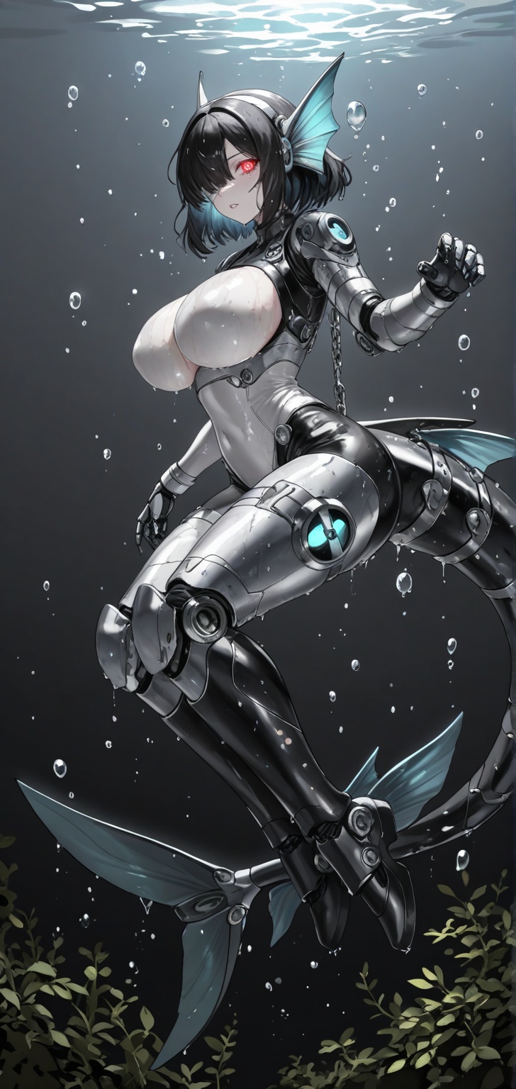 Cute sci-fi anime ***** mermaid cyborg girl underwater,  huge boobs,  side view on Tensor.Art