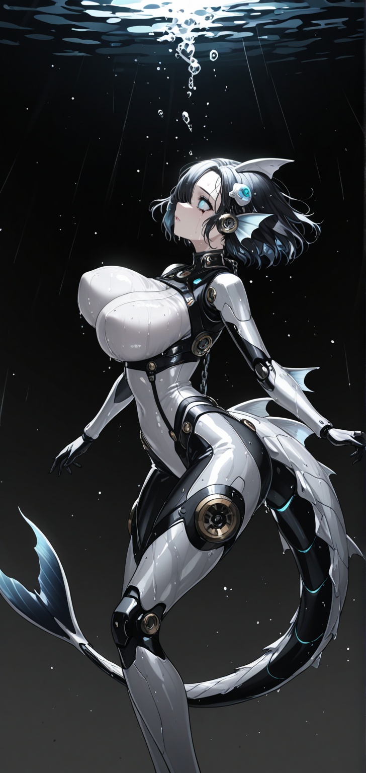 Cute sci-fi anime ***** mermaid cyborg girl underwater,  huge boobs,  side view on Tensor.Art