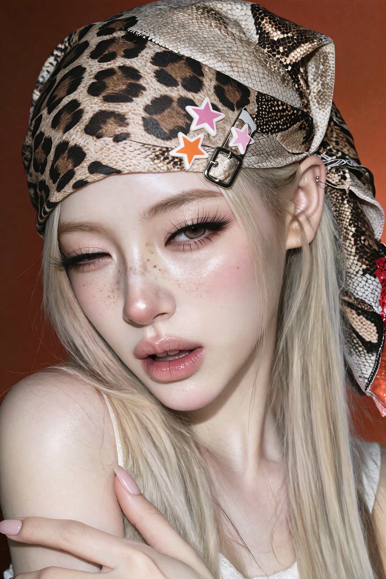 Cinematic editorial close-up beauty portrait photograph of a young woman with long straight platinum blonde hair,  wearing...