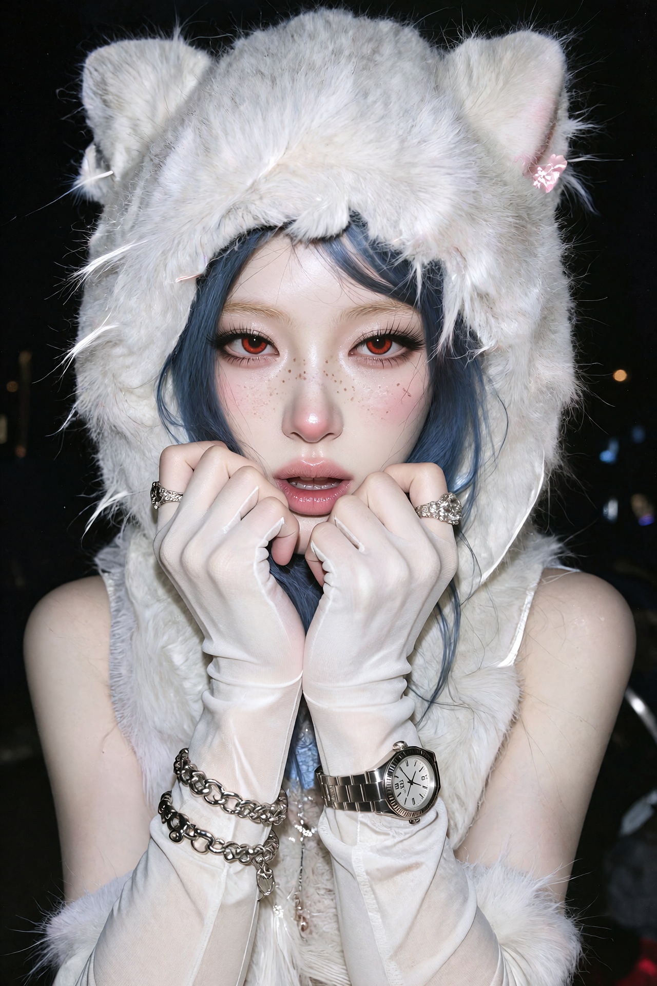 Cinematic editorial close-up portrait photograph of a young woman wearing an oversized white fluffy fur hood shaped with s...
