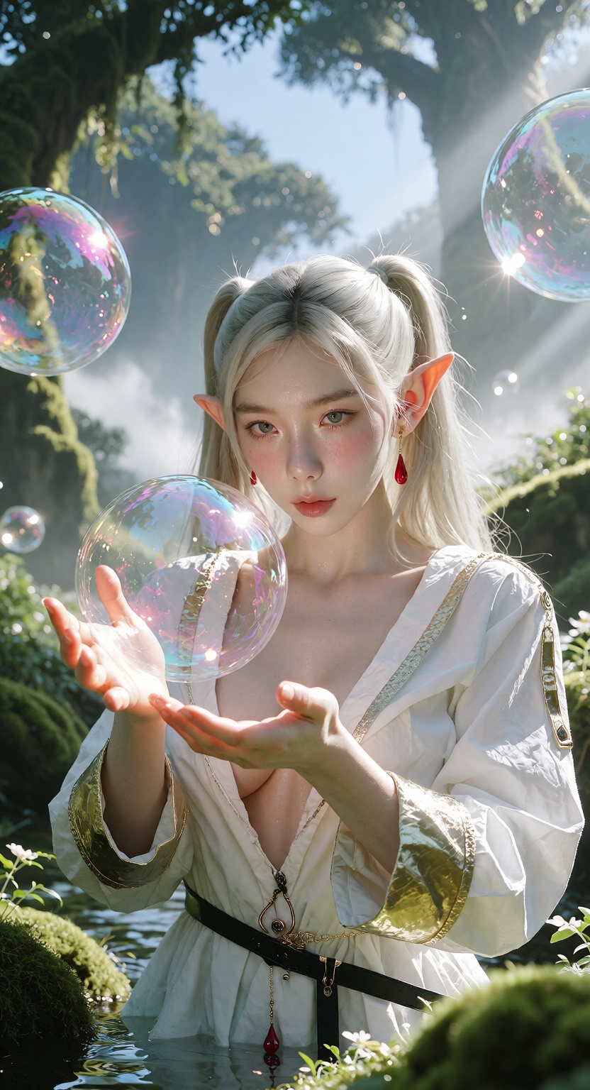 Photorealistic cinematic photograph,  ultra detailed 8k,  of a beautiful young woman resembling Frieren from Frieren: Beyo...