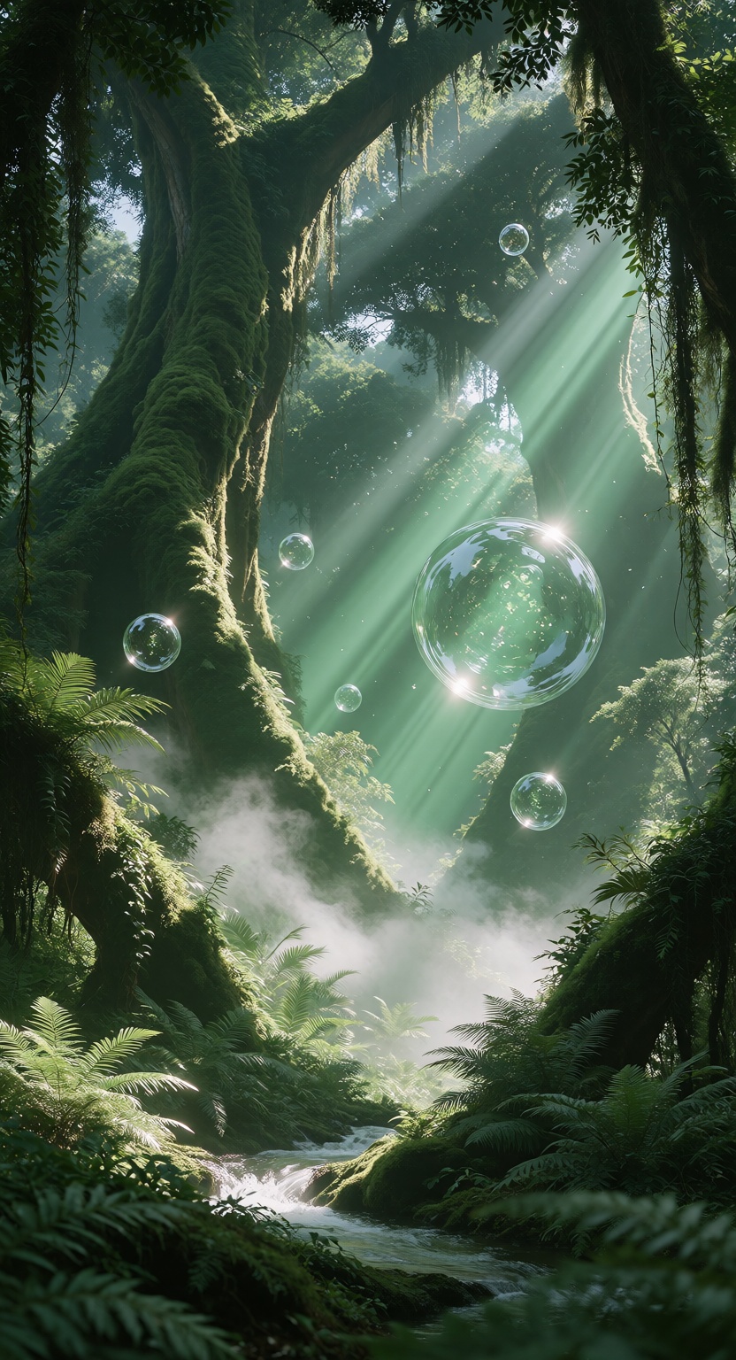 an ancient tropical rainforest filled with colossal giant trees,  enormous moss-covered trunks rising high into the canopy...