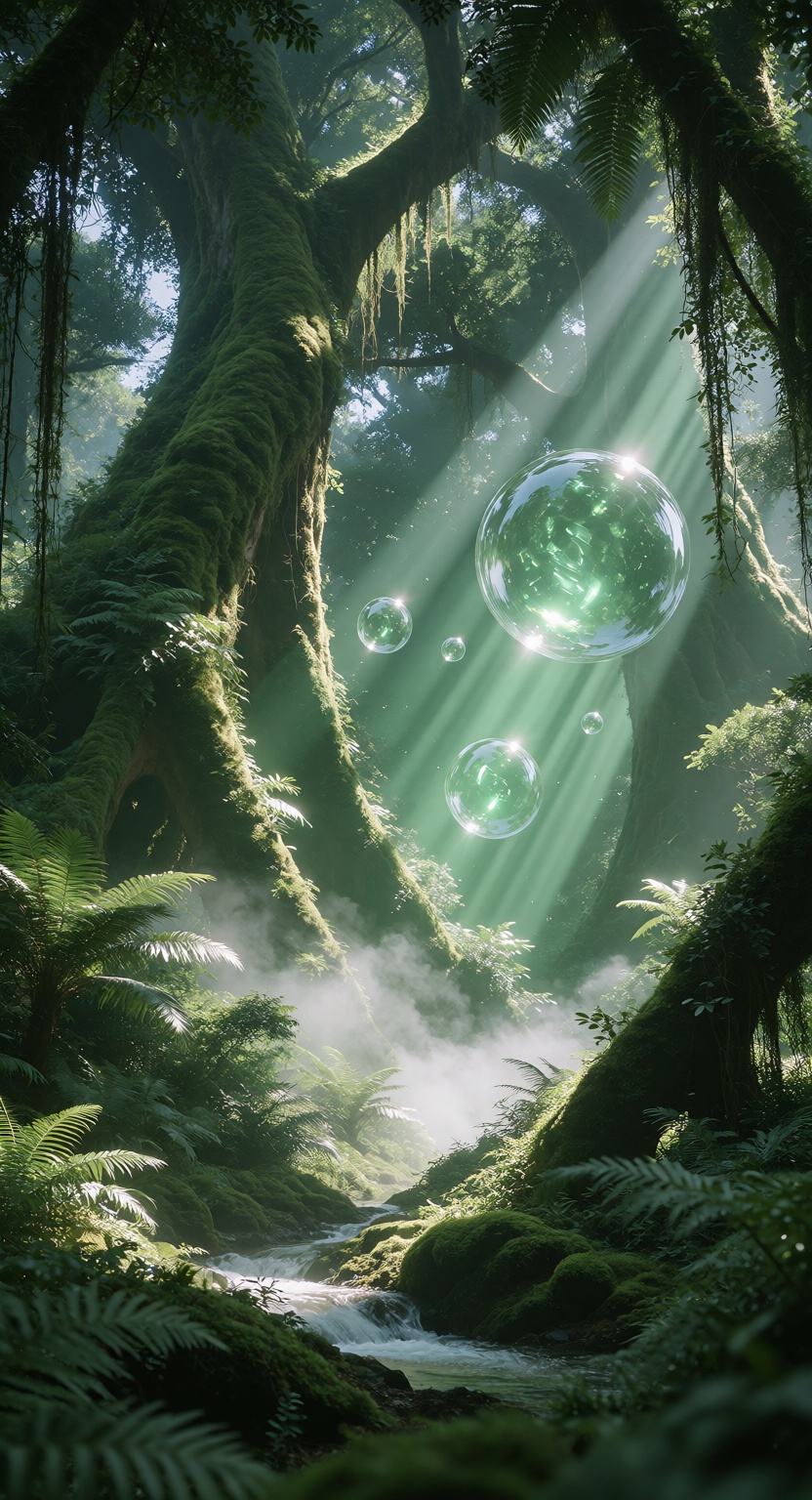 an ancient tropical rainforest filled with colossal giant trees,  enormous moss-covered trunks rising high into the canopy...