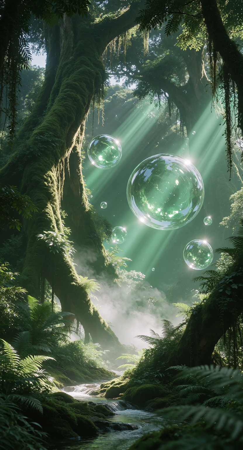 an ancient tropical rainforest filled with colossal giant trees,  enormous moss-covered trunks rising high into the canopy...