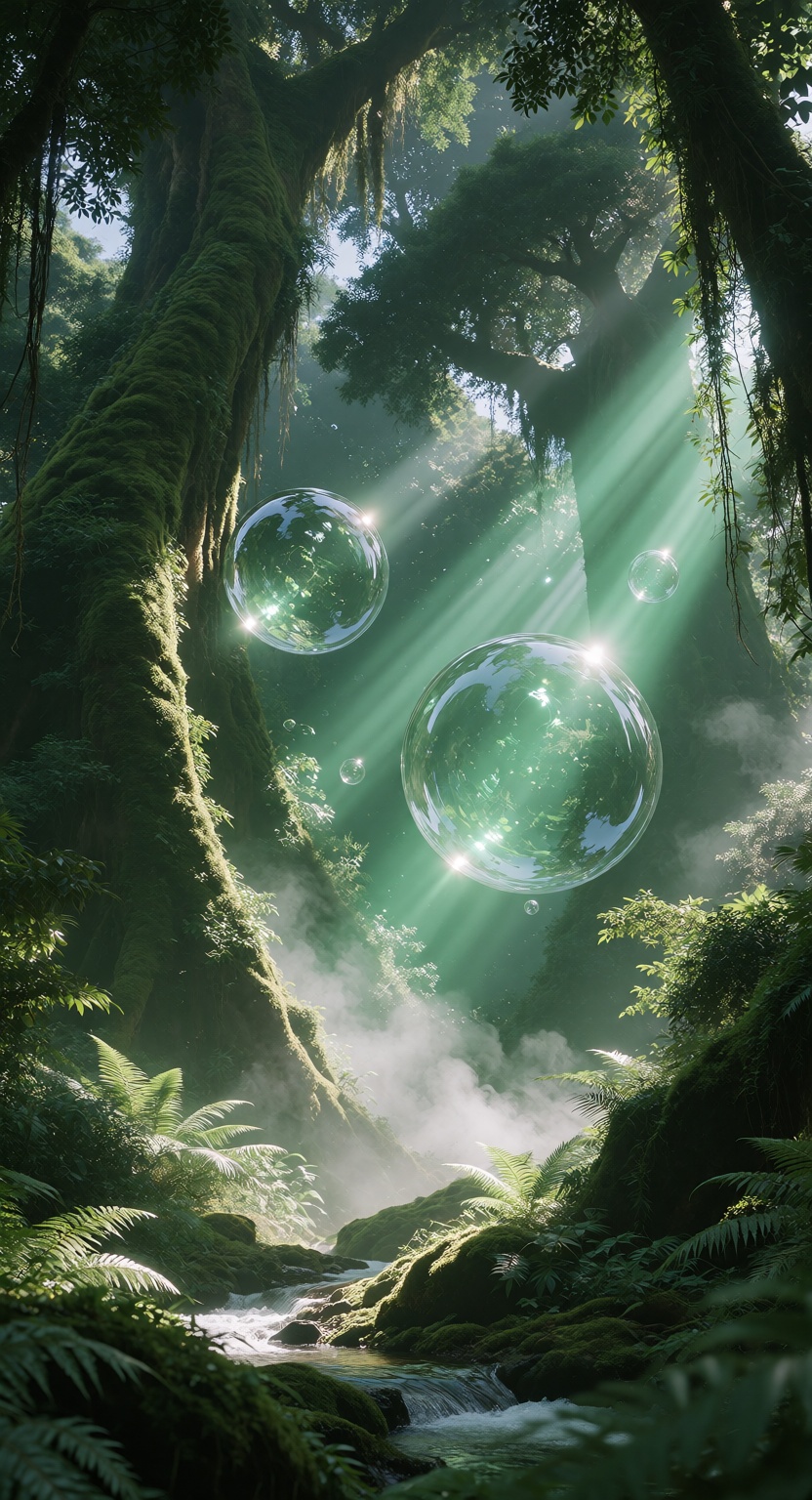 an ancient tropical rainforest filled with colossal giant trees,  enormous moss-covered trunks rising high into the canopy...