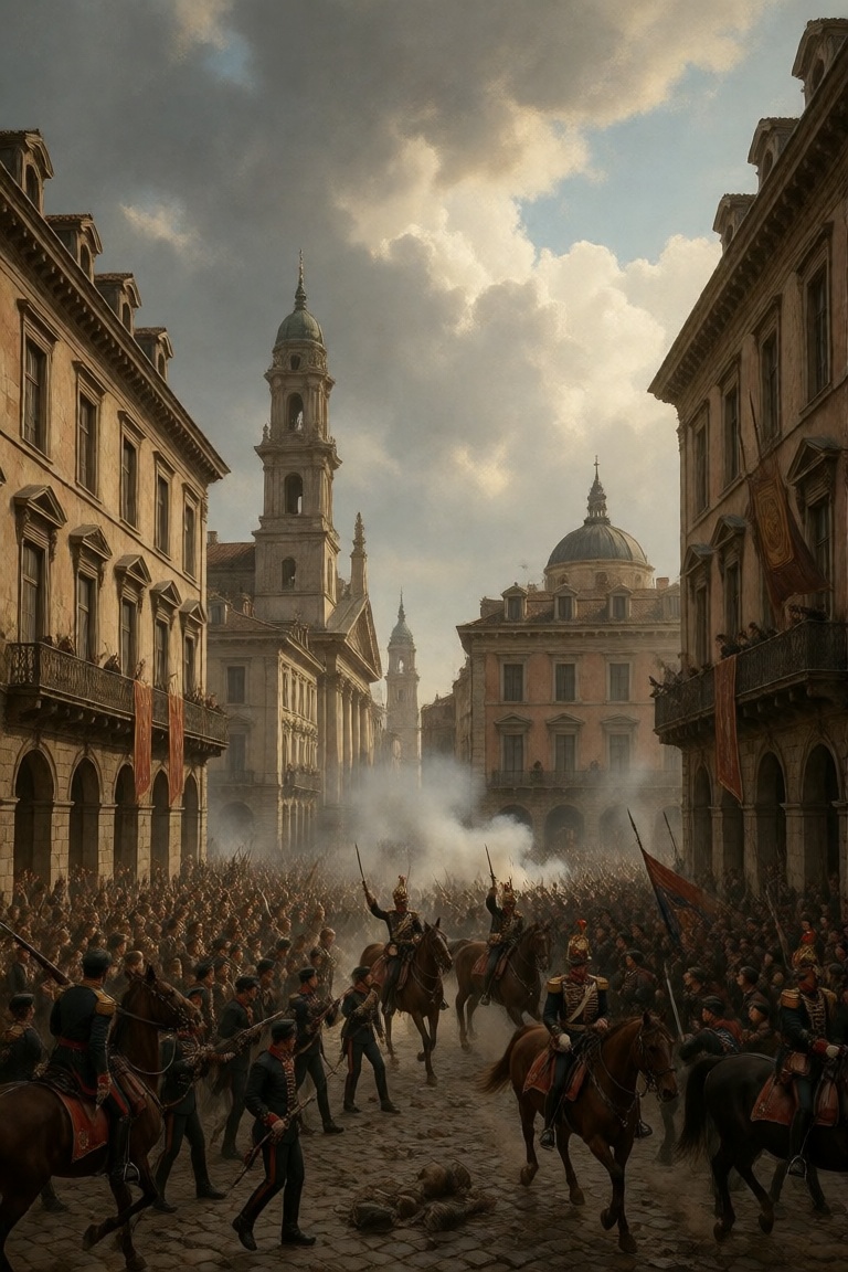 multiple people,  large historical city square during a violent uprising,  grand European-style buildings lining both side...