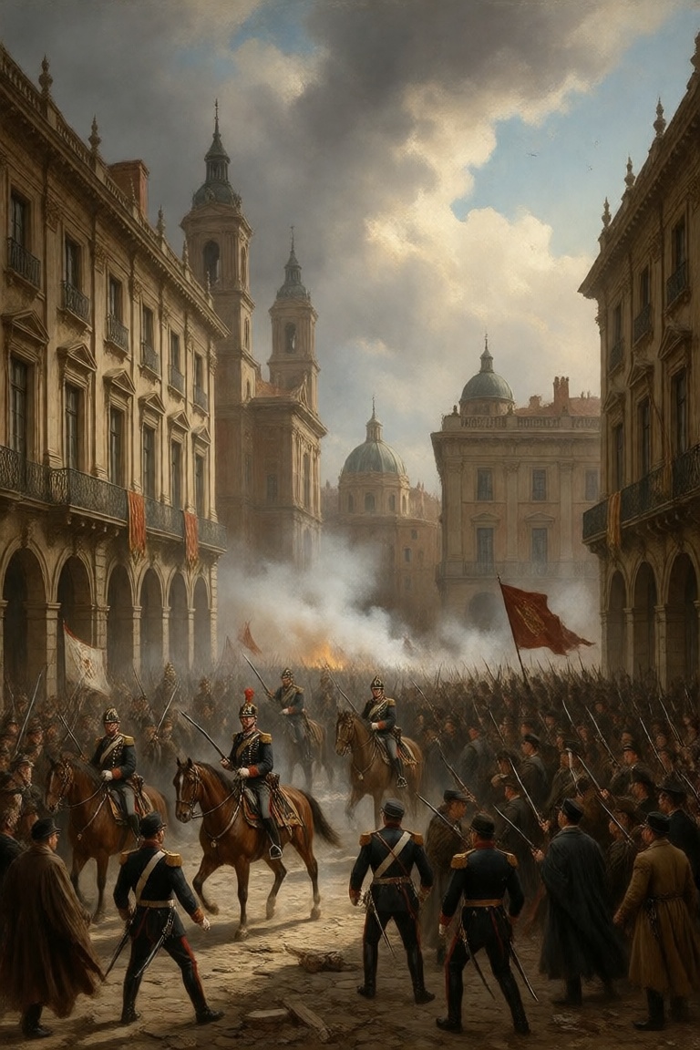 multiple people,  large historical city square during a violent uprising,  grand European-style buildings lining both side...