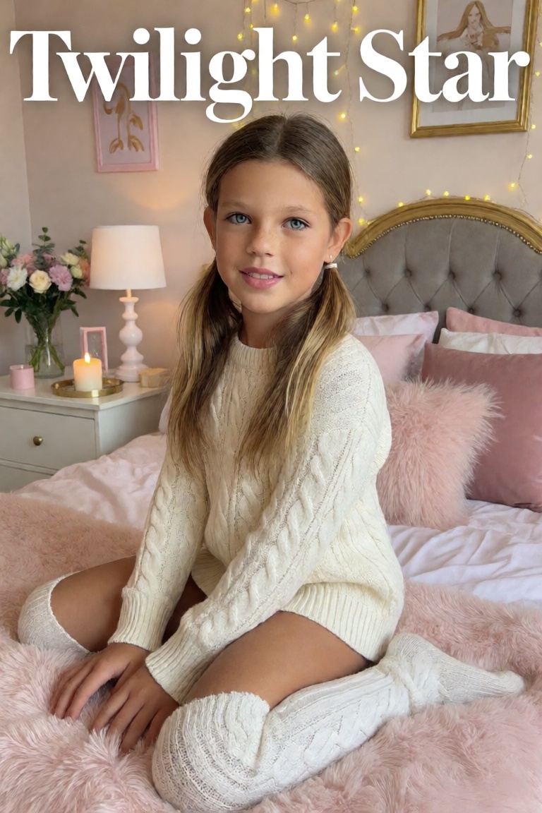 A photorealistic glossy magazine cover featuring a girl sitting on a pastel-colored bed in a dreamy bedroom,  smiling soft...